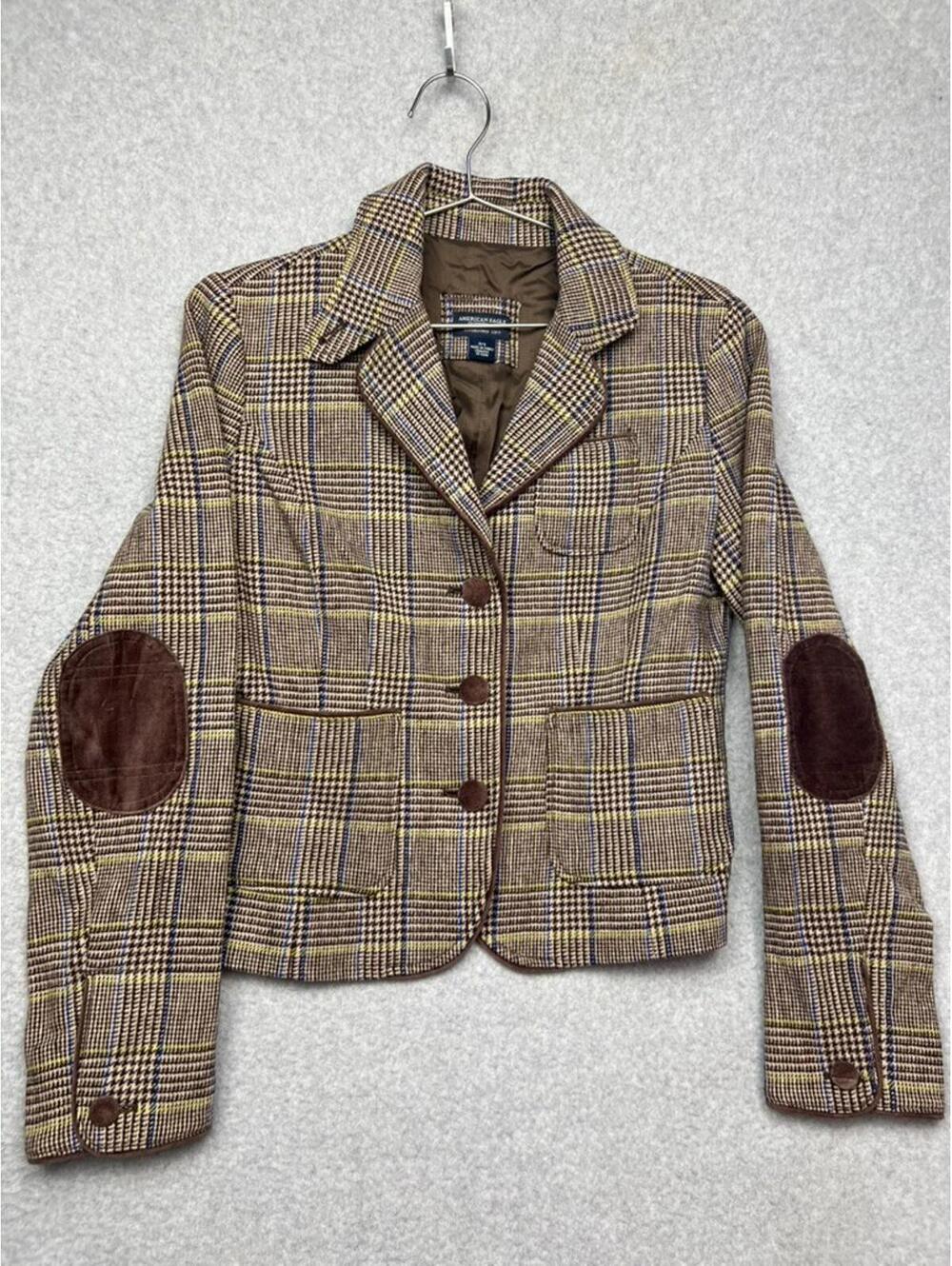 70s American Eagle Wool Plaid Academia Blazer P/S Elbow Patch Brown Preppy Y2k